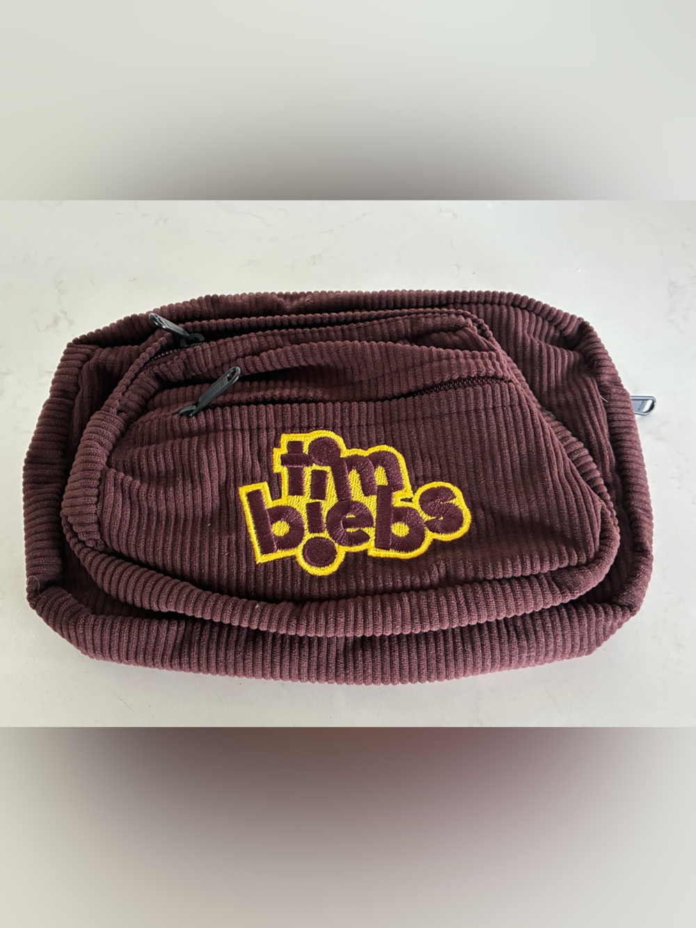 Tim’s x Bieber collab Corduroy Waist Bag in Brown with Yellow Embroidery